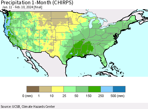 United States Precipitation 1-Month (CHIRPS) Thematic Map For 1/11/2024 - 2/10/2024