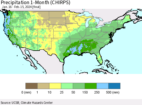 United States Precipitation 1-Month (CHIRPS) Thematic Map For 1/16/2024 - 2/15/2024