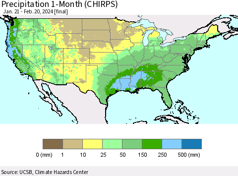 United States Precipitation 1-Month (CHIRPS) Thematic Map For 1/21/2024 - 2/20/2024