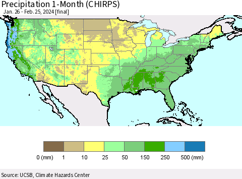 United States Precipitation 1-Month (CHIRPS) Thematic Map For 1/26/2024 - 2/25/2024