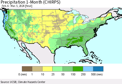 United States Precipitation 1-Month (CHIRPS) Thematic Map For 2/6/2024 - 3/5/2024