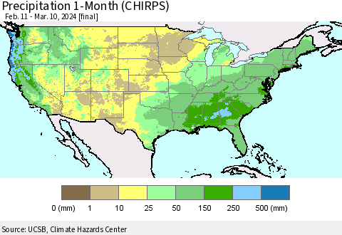 United States Precipitation 1-Month (CHIRPS) Thematic Map For 2/11/2024 - 3/10/2024