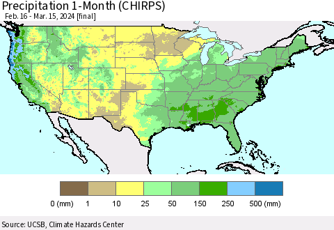 United States Precipitation 1-Month (CHIRPS) Thematic Map For 2/16/2024 - 3/15/2024