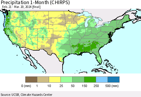 United States Precipitation 1-Month (CHIRPS) Thematic Map For 2/21/2024 - 3/20/2024