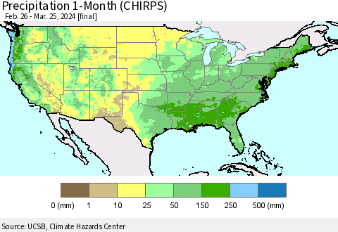 United States Precipitation 1-Month (CHIRPS) Thematic Map For 2/26/2024 - 3/25/2024
