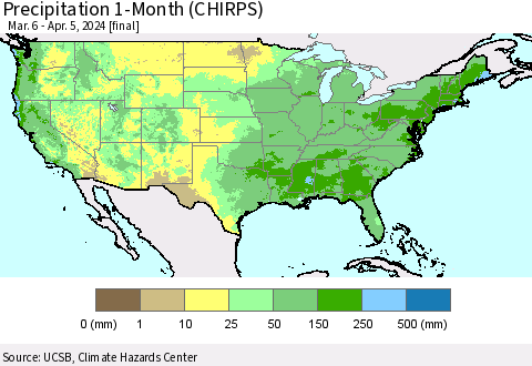 United States Precipitation 1-Month (CHIRPS) Thematic Map For 3/6/2024 - 4/5/2024