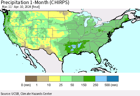 United States Precipitation 1-Month (CHIRPS) Thematic Map For 3/11/2024 - 4/10/2024
