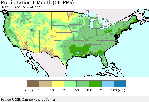 United States Precipitation 1-Month (CHIRPS) Thematic Map For 3/16/2024 - 4/15/2024