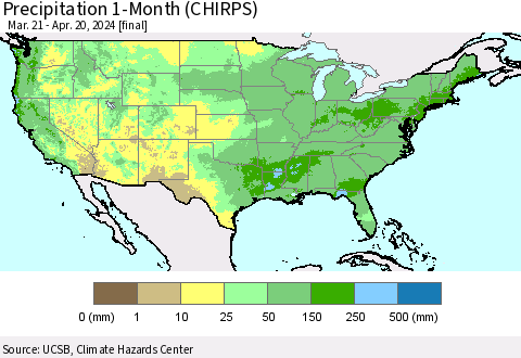 United States Precipitation 1-Month (CHIRPS) Thematic Map For 3/21/2024 - 4/20/2024