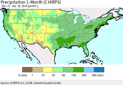 United States Precipitation 1-Month (CHIRPS) Thematic Map For 3/21/2024 - 4/20/2024