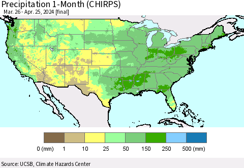 United States Precipitation 1-Month (CHIRPS) Thematic Map For 3/26/2024 - 4/25/2024