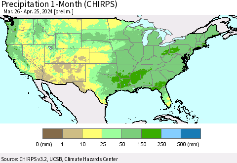 United States Precipitation 1-Month (CHIRPS) Thematic Map For 3/26/2024 - 4/25/2024
