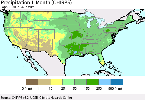 United States Precipitation 1-Month (CHIRPS) Thematic Map For 4/1/2024 - 4/30/2024