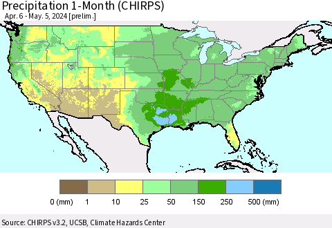 United States Precipitation 1-Month (CHIRPS) Thematic Map For 4/6/2024 - 5/5/2024