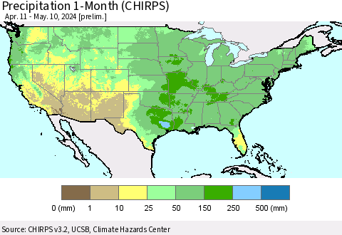 United States Precipitation 1-Month (CHIRPS) Thematic Map For 4/11/2024 - 5/10/2024