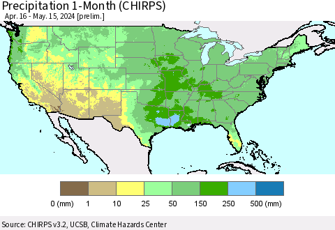 United States Precipitation 1-Month (CHIRPS) Thematic Map For 4/16/2024 - 5/15/2024