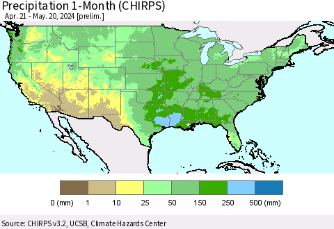 United States Precipitation 1-Month (CHIRPS) Thematic Map For 4/21/2024 - 5/20/2024