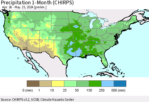 United States Precipitation 1-Month (CHIRPS) Thematic Map For 4/26/2024 - 5/25/2024