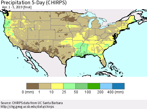 United States Precipitation 5-Day (CHIRPS) Thematic Map For 4/1/2019 - 4/5/2019