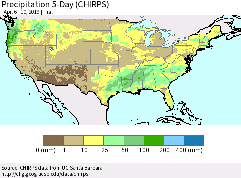 United States Precipitation 5-Day (CHIRPS) Thematic Map For 4/6/2019 - 4/10/2019