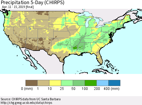 United States Precipitation 5-Day (CHIRPS) Thematic Map For 4/11/2019 - 4/15/2019