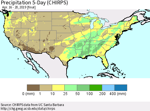 United States Precipitation 5-Day (CHIRPS) Thematic Map For 4/16/2019 - 4/20/2019
