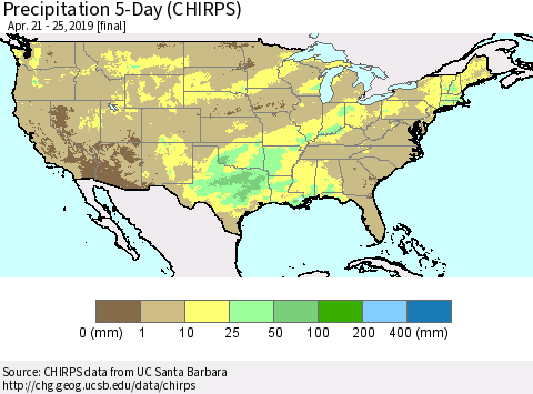 United States Precipitation 5-Day (CHIRPS) Thematic Map For 4/21/2019 - 4/25/2019