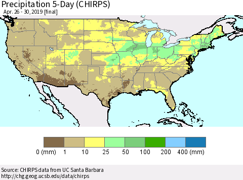 United States Precipitation 5-Day (CHIRPS) Thematic Map For 4/26/2019 - 4/30/2019