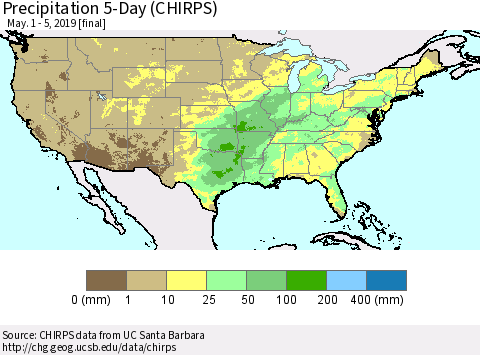 United States Precipitation 5-Day (CHIRPS) Thematic Map For 5/1/2019 - 5/5/2019
