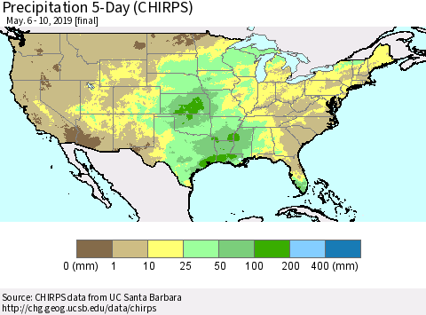 United States Precipitation 5-Day (CHIRPS) Thematic Map For 5/6/2019 - 5/10/2019
