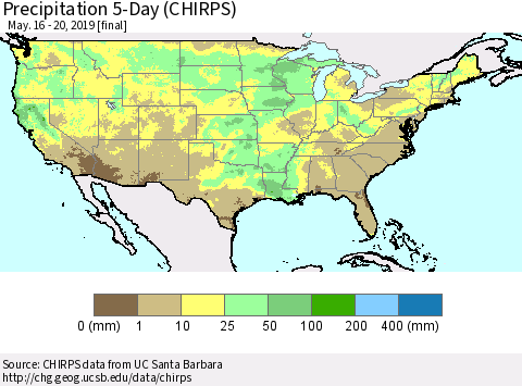 United States Precipitation 5-Day (CHIRPS) Thematic Map For 5/16/2019 - 5/20/2019