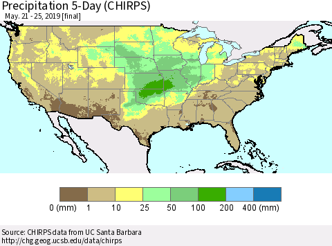 United States Precipitation 5-Day (CHIRPS) Thematic Map For 5/21/2019 - 5/25/2019