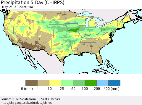 United States Precipitation 5-Day (CHIRPS) Thematic Map For 5/26/2019 - 5/31/2019