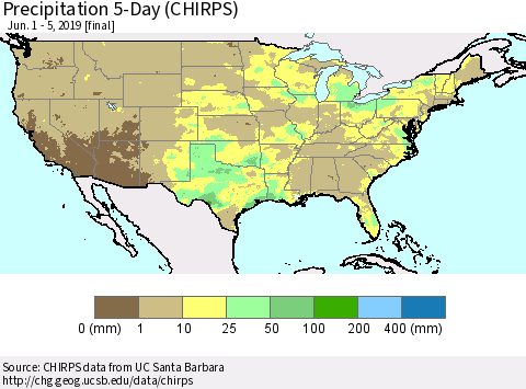 United States Precipitation 5-Day (CHIRPS) Thematic Map For 6/1/2019 - 6/5/2019