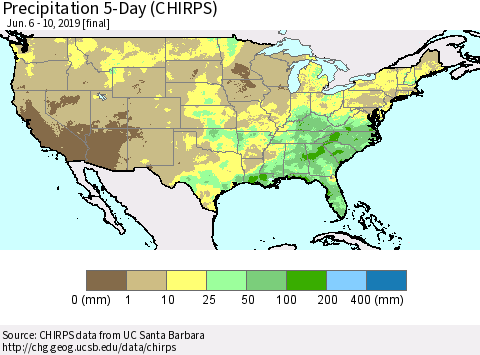 United States Precipitation 5-Day (CHIRPS) Thematic Map For 6/6/2019 - 6/10/2019