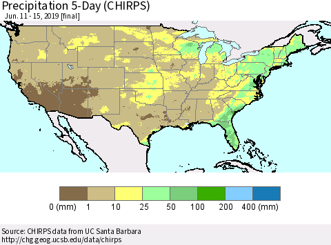 United States Precipitation 5-Day (CHIRPS) Thematic Map For 6/11/2019 - 6/15/2019