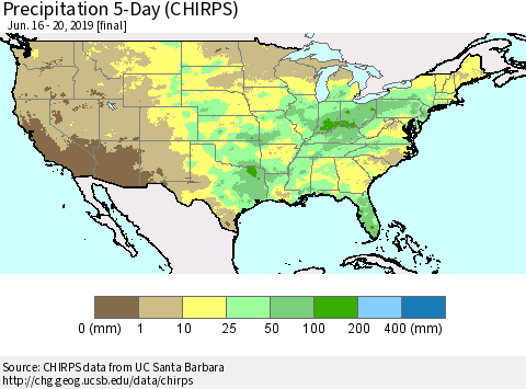 United States Precipitation 5-Day (CHIRPS) Thematic Map For 6/16/2019 - 6/20/2019