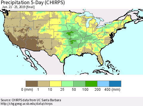 United States Precipitation 5-Day (CHIRPS) Thematic Map For 6/21/2019 - 6/25/2019
