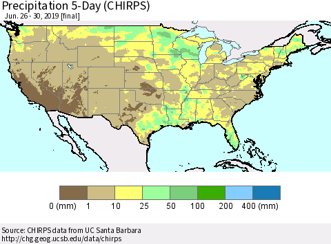 United States Precipitation 5-Day (CHIRPS) Thematic Map For 6/26/2019 - 6/30/2019