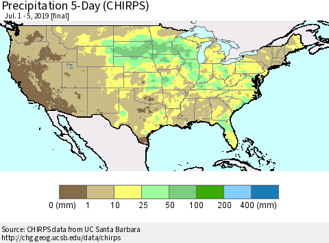 United States Precipitation 5-Day (CHIRPS) Thematic Map For 7/1/2019 - 7/5/2019