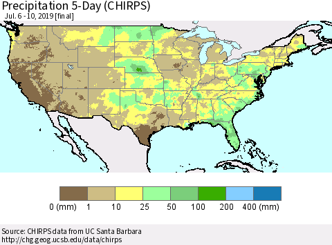 United States Precipitation 5-Day (CHIRPS) Thematic Map For 7/6/2019 - 7/10/2019