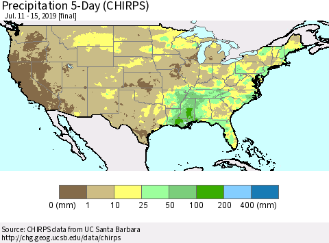 United States Precipitation 5-Day (CHIRPS) Thematic Map For 7/11/2019 - 7/15/2019