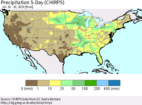 United States Precipitation 5-Day (CHIRPS) Thematic Map For 7/16/2019 - 7/20/2019