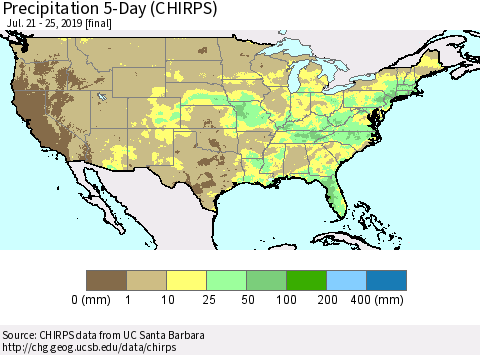 United States Precipitation 5-Day (CHIRPS) Thematic Map For 7/21/2019 - 7/25/2019