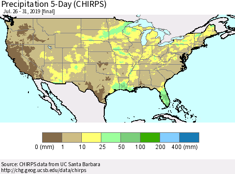 United States Precipitation 5-Day (CHIRPS) Thematic Map For 7/26/2019 - 7/31/2019