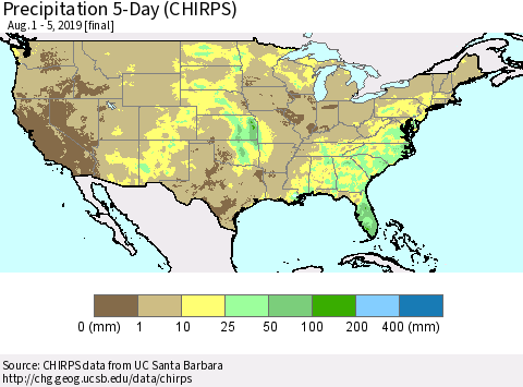 United States Precipitation 5-Day (CHIRPS) Thematic Map For 8/1/2019 - 8/5/2019