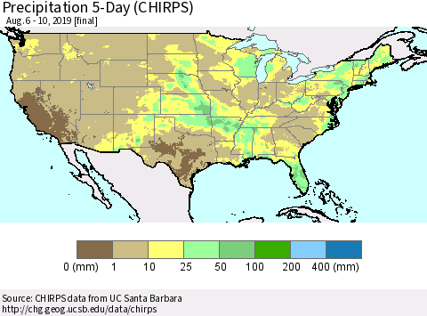 United States Precipitation 5-Day (CHIRPS) Thematic Map For 8/6/2019 - 8/10/2019