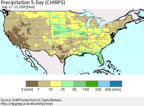 United States Precipitation 5-Day (CHIRPS) Thematic Map For 8/11/2019 - 8/15/2019