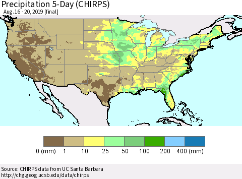 United States Precipitation 5-Day (CHIRPS) Thematic Map For 8/16/2019 - 8/20/2019