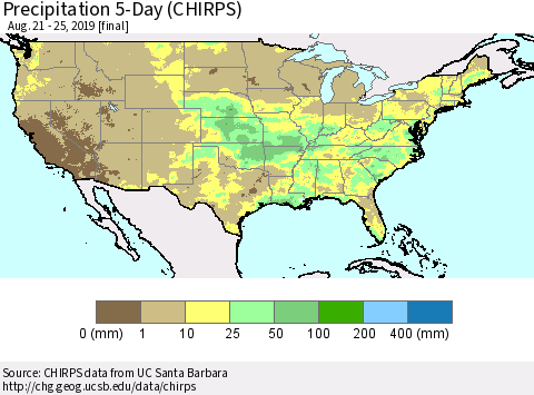 United States Precipitation 5-Day (CHIRPS) Thematic Map For 8/21/2019 - 8/25/2019